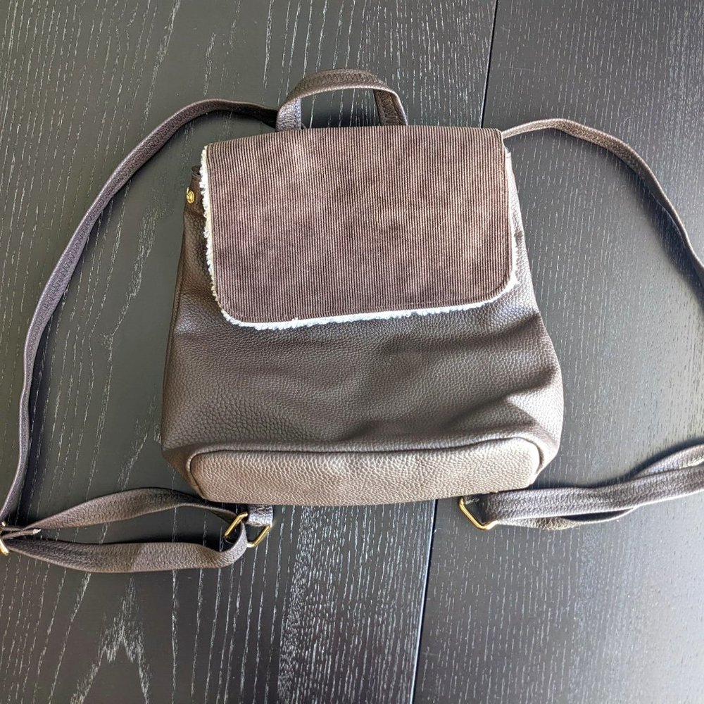 Brown Faux Leather Faux Fur Backpack Purse